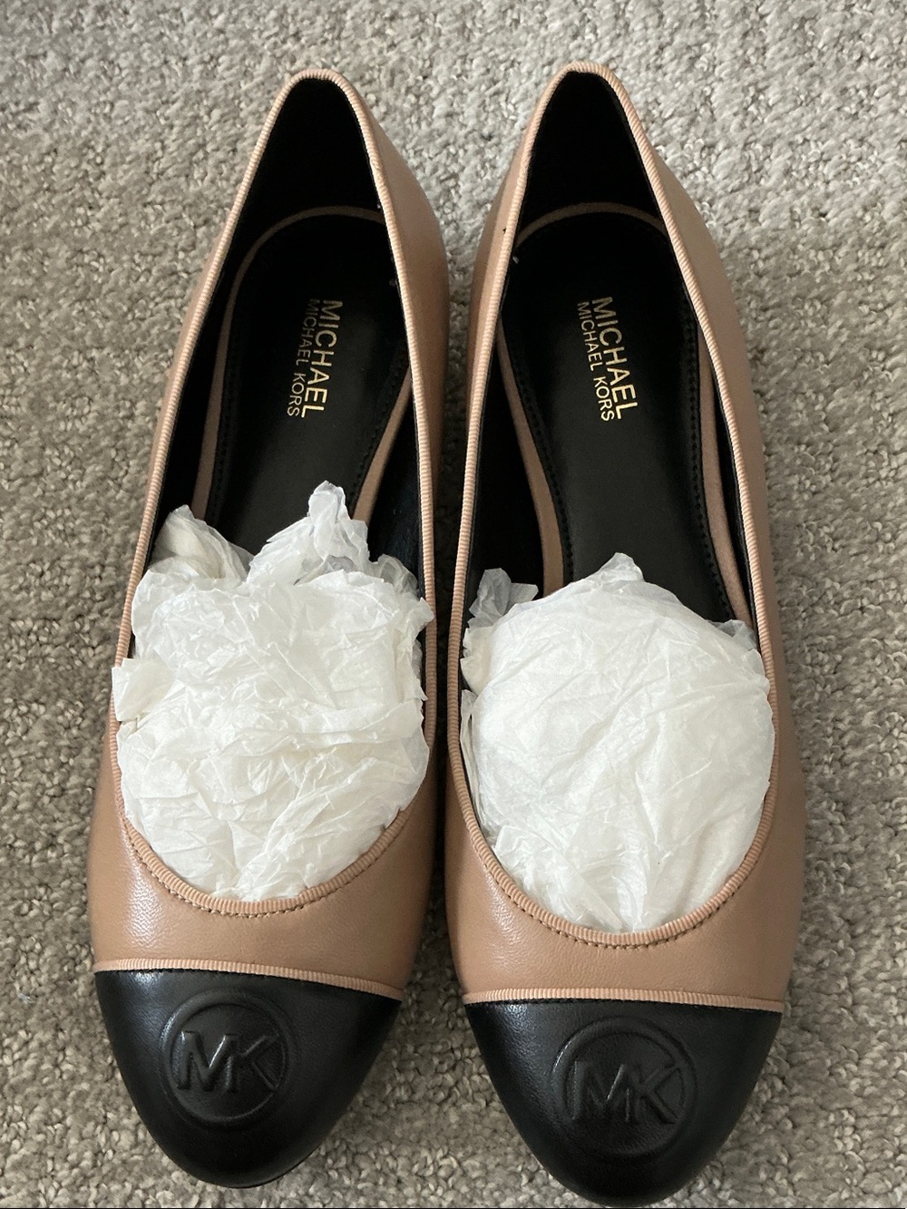 Michael Kors Blush and Black Leather Cap-Toe Ballet Flats